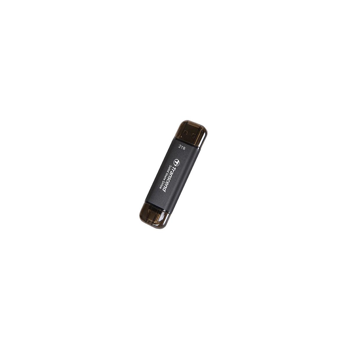 Chiavetta USB nera da 2TB con logo Transcend argentato e cappuccio.