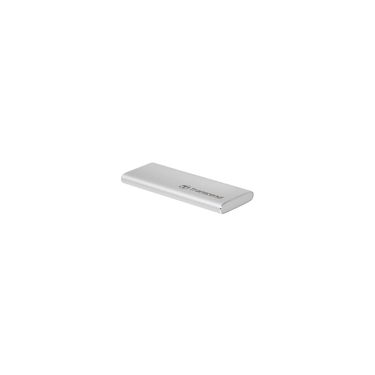 Un dispositivo de almacenamiento externo plateado con el logo de Transcend.