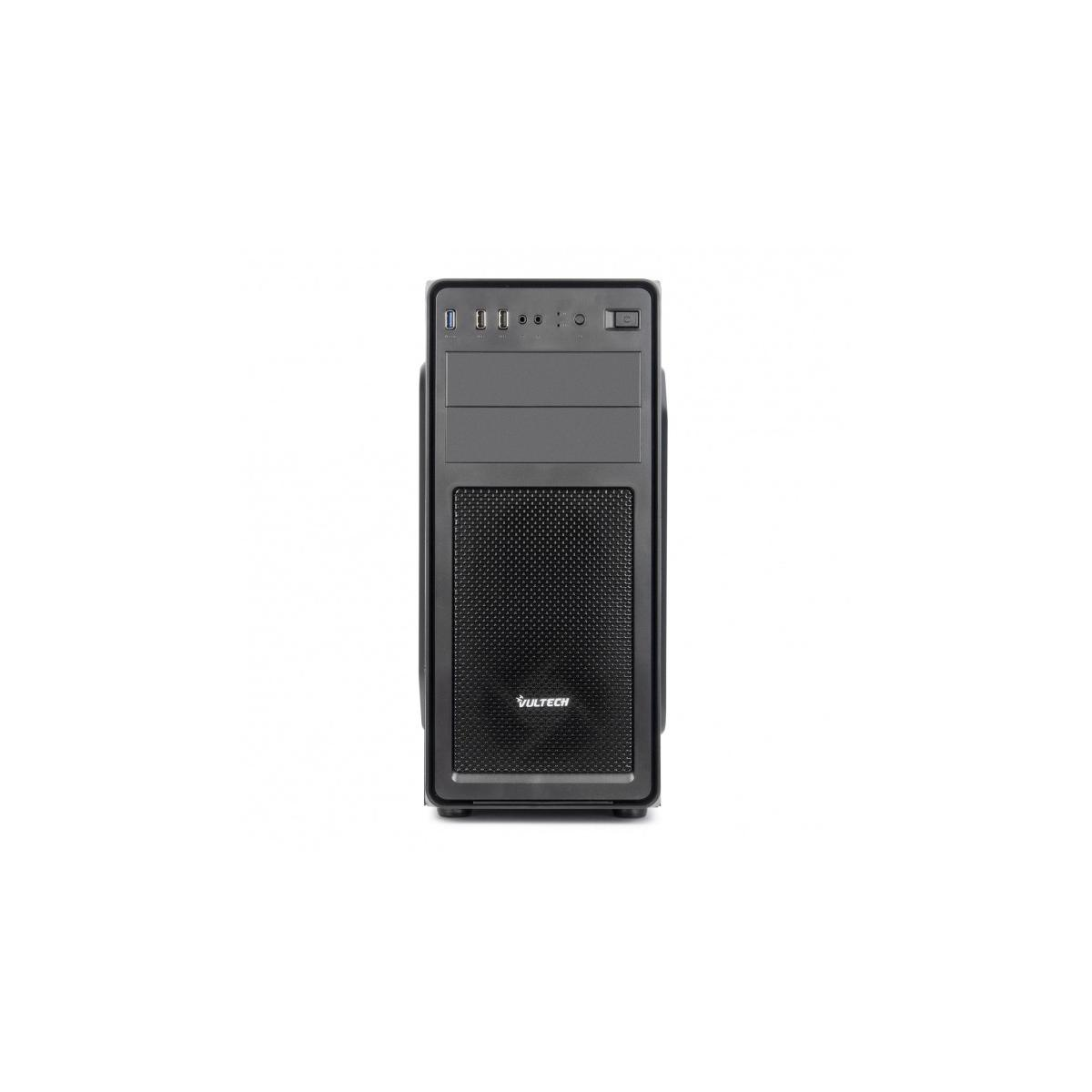 Una tower per computer nera con pannello frontale ventilato e logo VULTECH.
