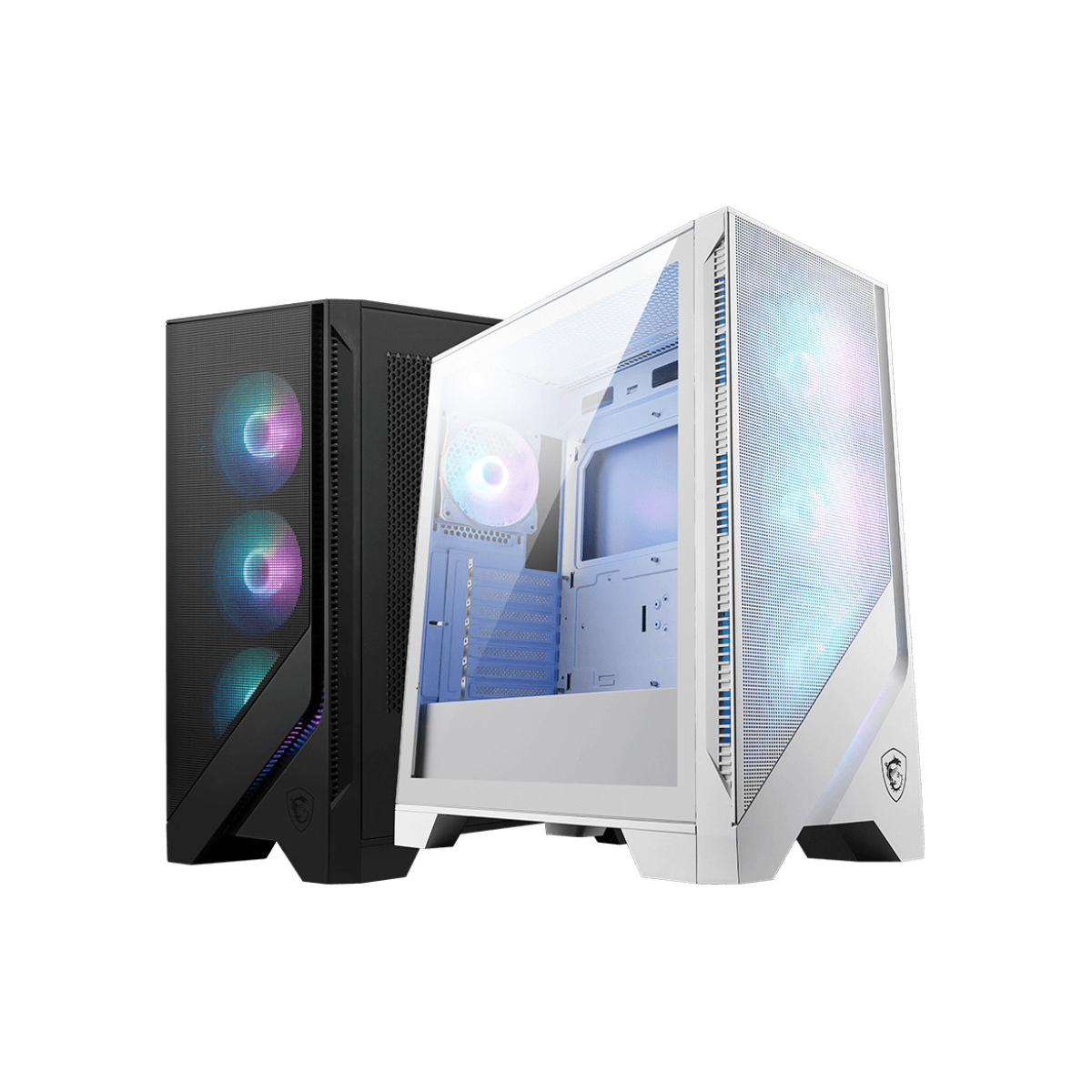 Two computer cases: one black, one white. Both feature RGB lighting and mesh fronts.