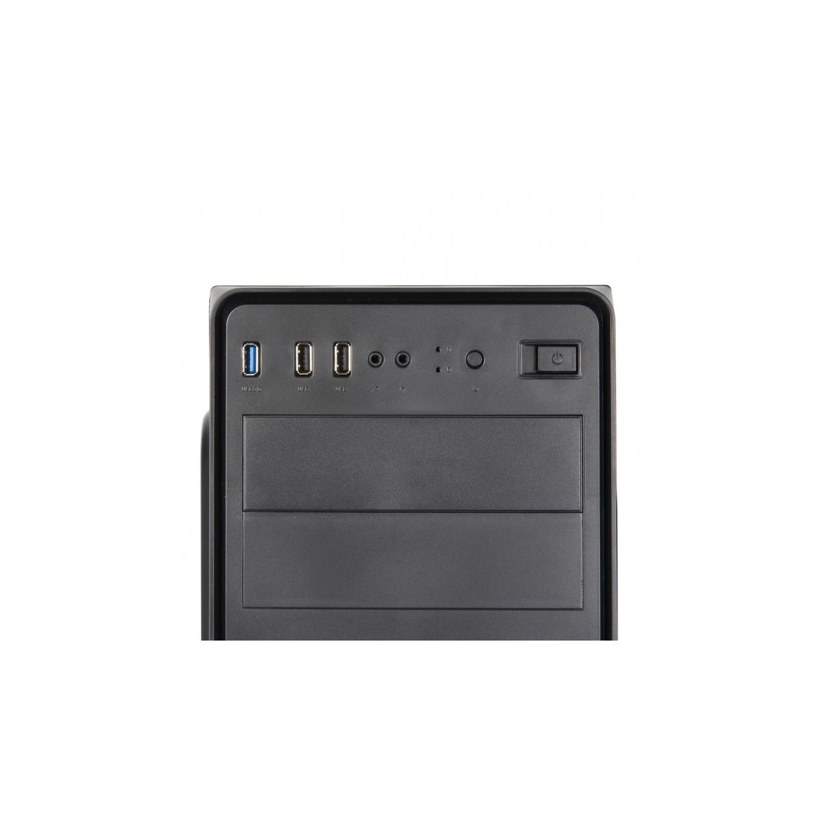 Parte anteriore di un case per computer nero con porte USB, pulsanti e un interruttore di accensione.