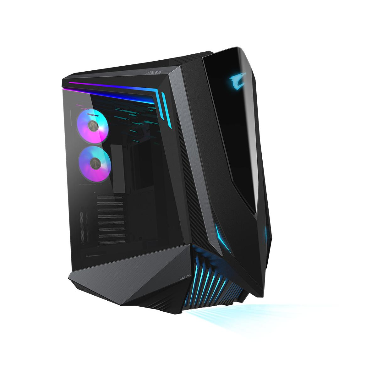 PC gamer noir avec ventilateurs RVB et éclairage d'appoint bleu.