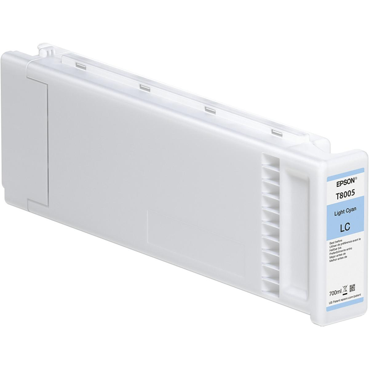 Un cartucho de tinta Epson T8005 Light Cyan blanco con capacidad de 700ml.
