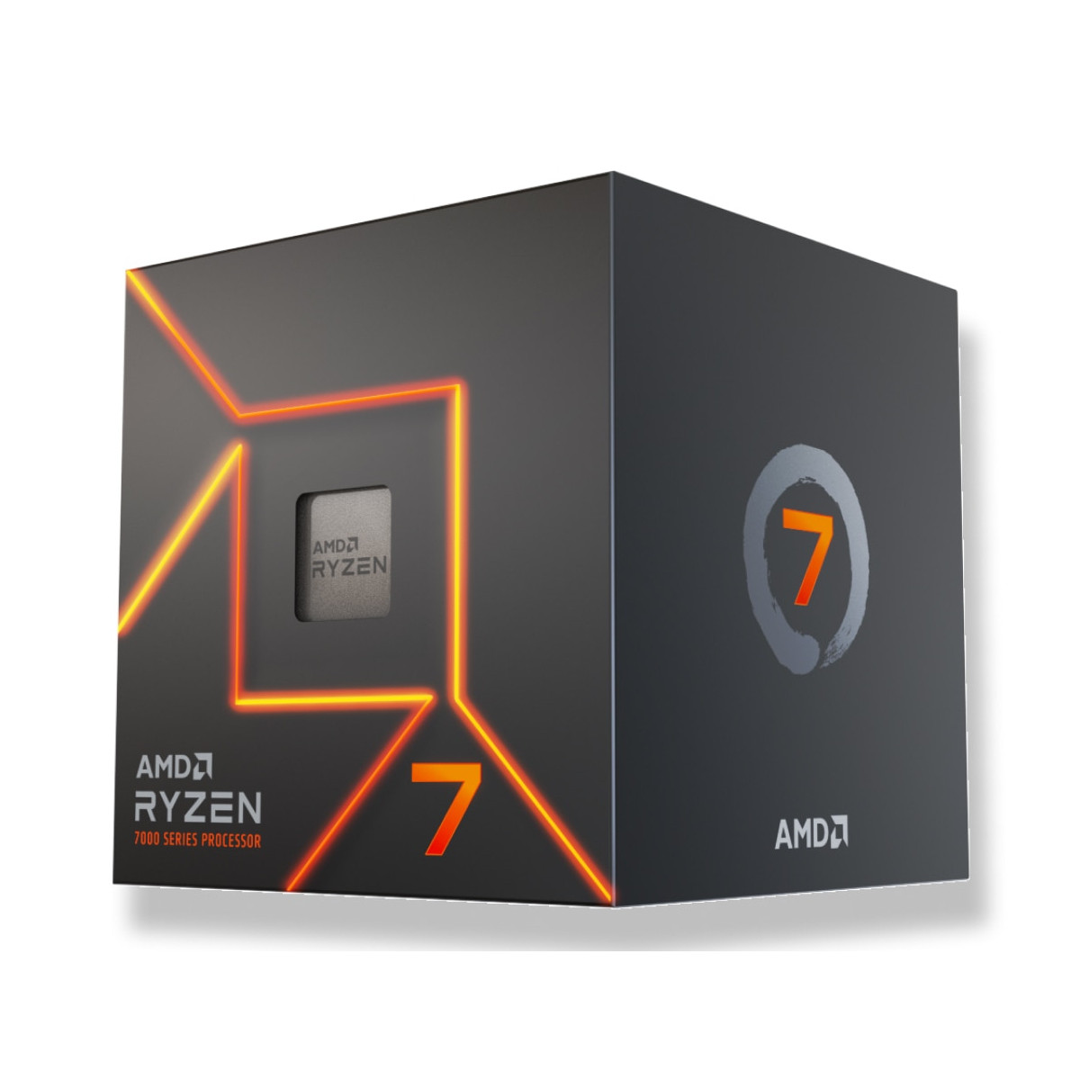 Scatola processore AMD Ryzen 7 con accenti arancioni e immagine CPU.