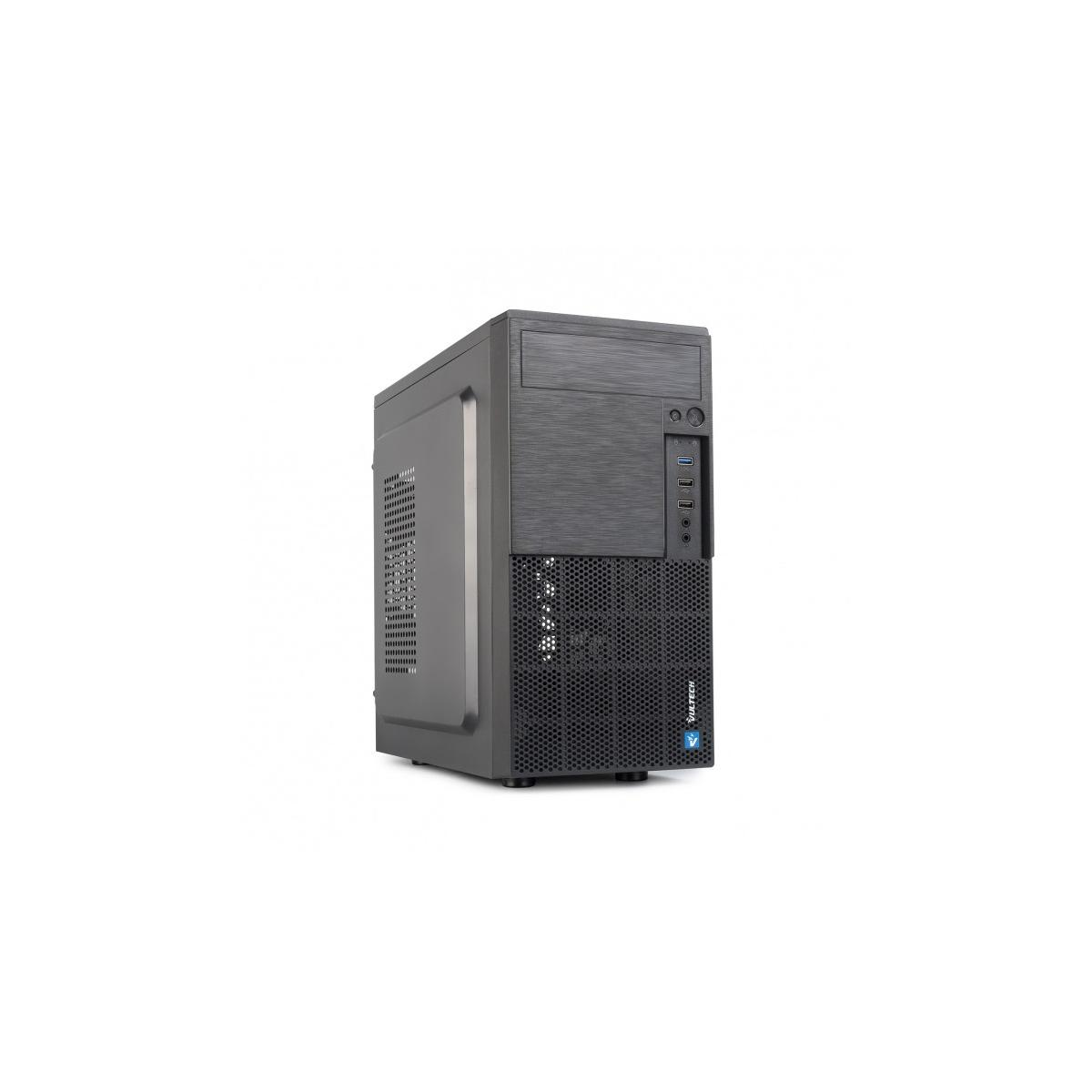 Un case per computer nero con prese d'aria e porte frontali.