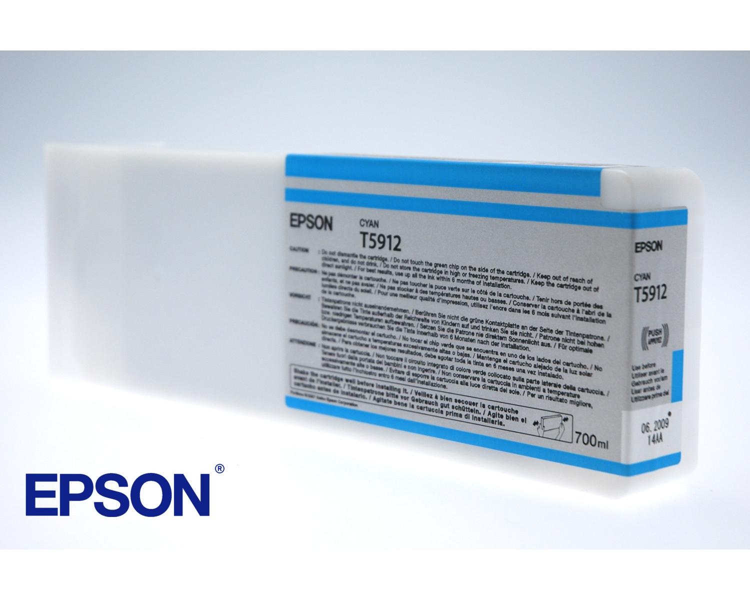 Cartucho de tinta Epson Cyan T5912 con advertencias y capacidad de 700ml.