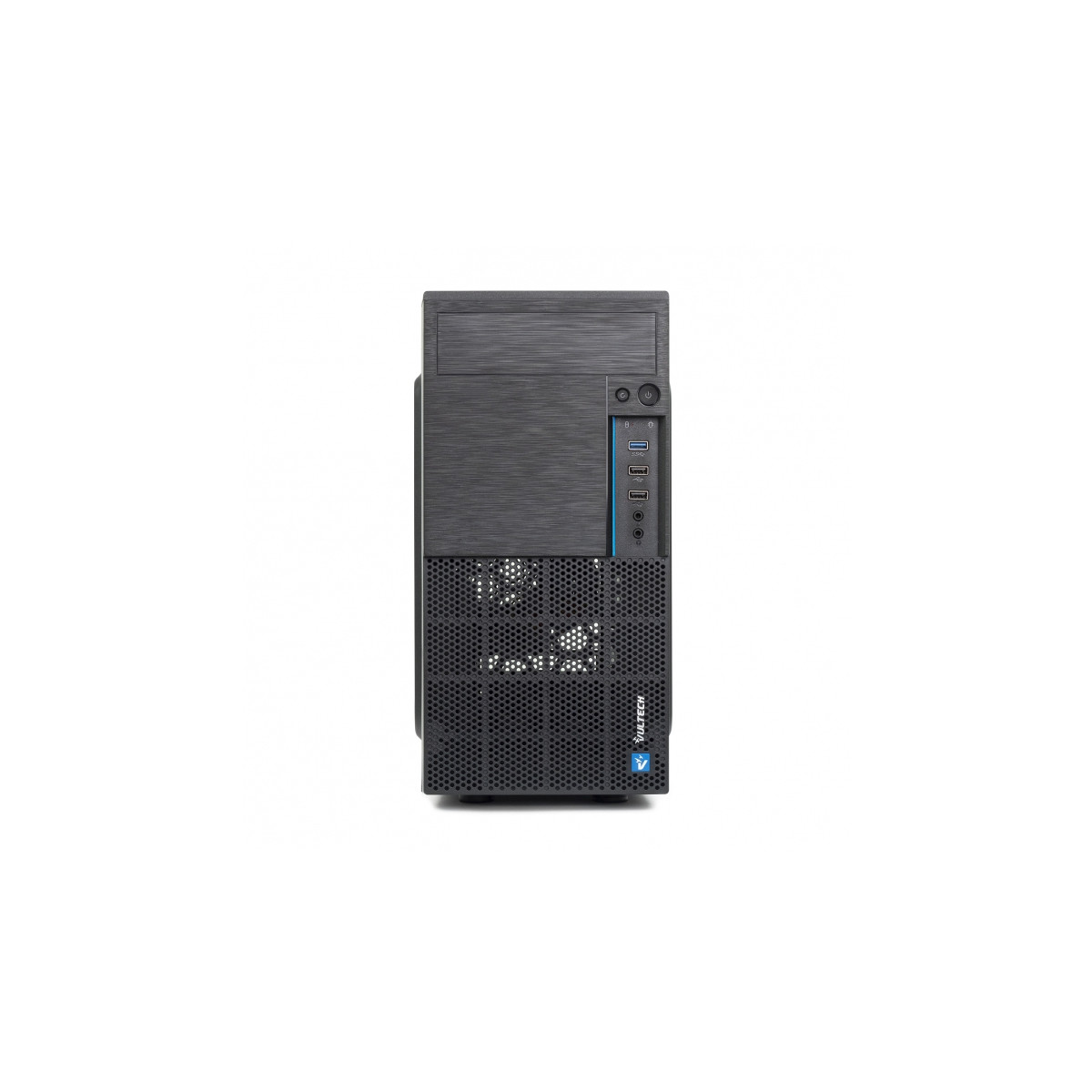 Case PC nero con prese d'aria e porte frontali.