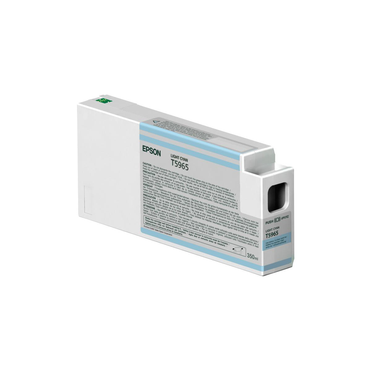 Cartucho de tinta Epson Light Cyan T5965 con advertencias. Capacidad 350ml.