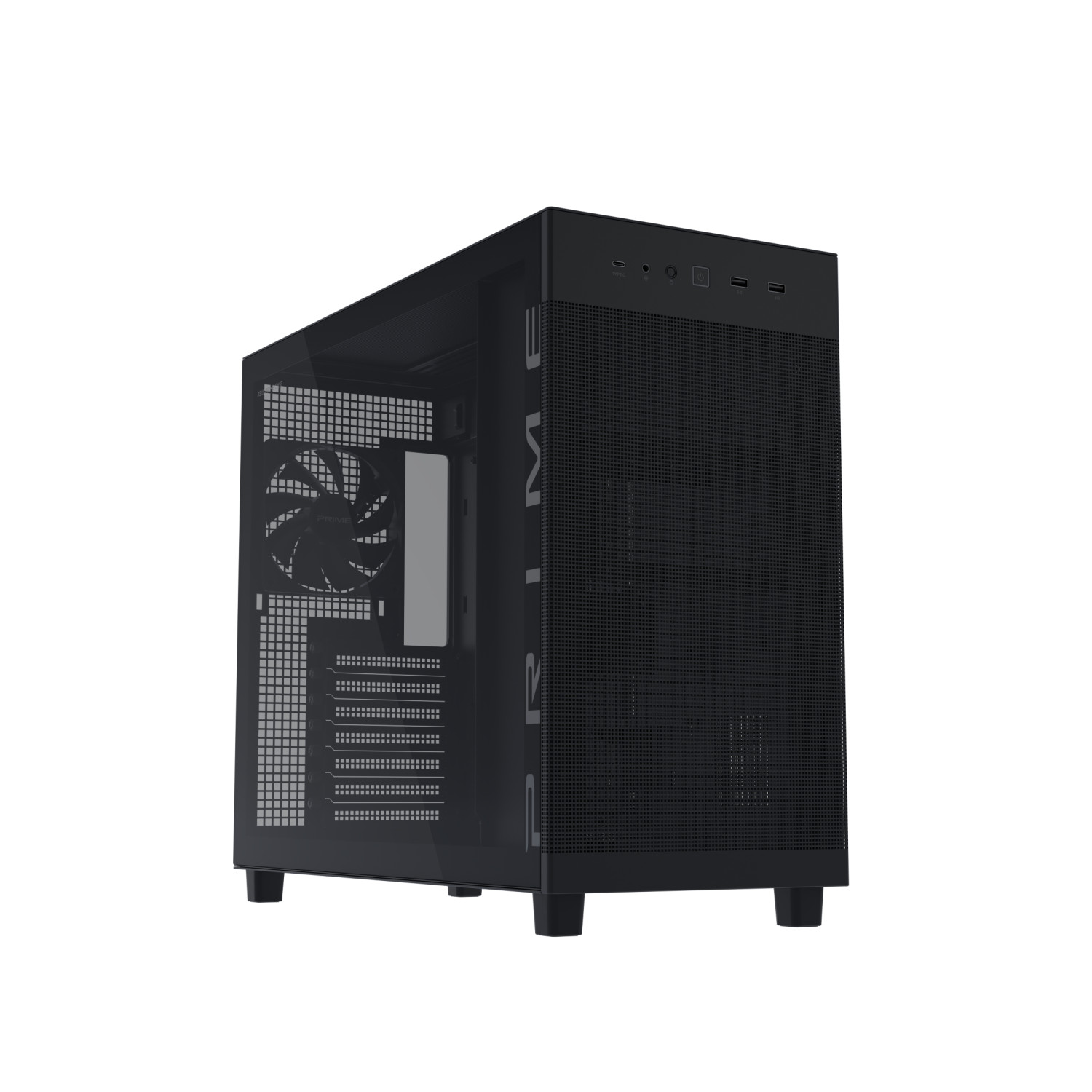 Cam penceresi ve fanı olan siyah PC kasası.