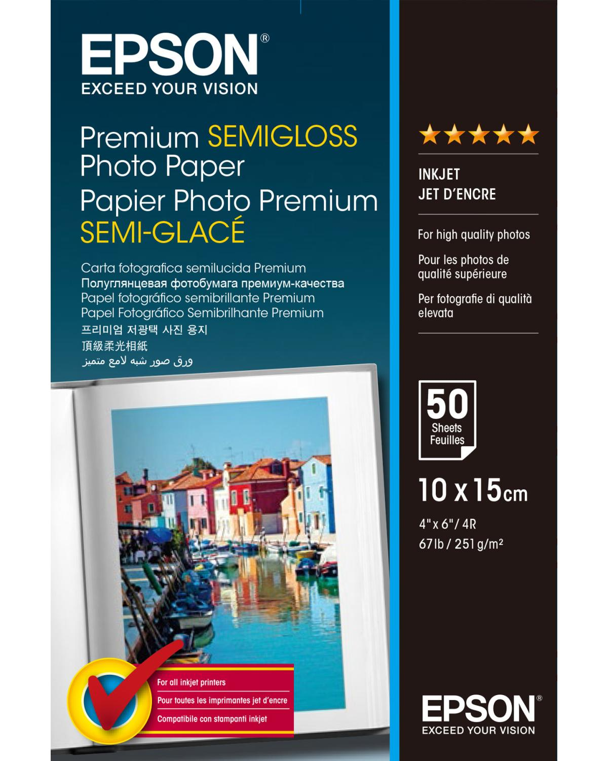 Epson Premium Semigloss Fotopapier 10x15cm, 50 Blatt, für Tintenstrahldrucker.
