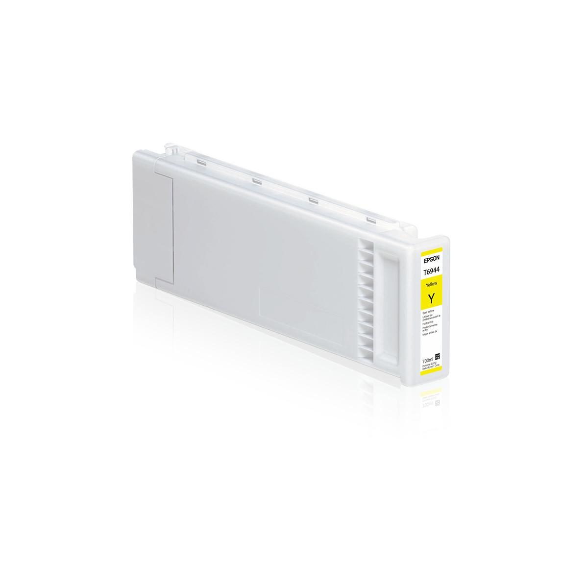 Ein weißer Epson T6944 Tintenstrahl-Tintenbehälter mit gelber Tinte.