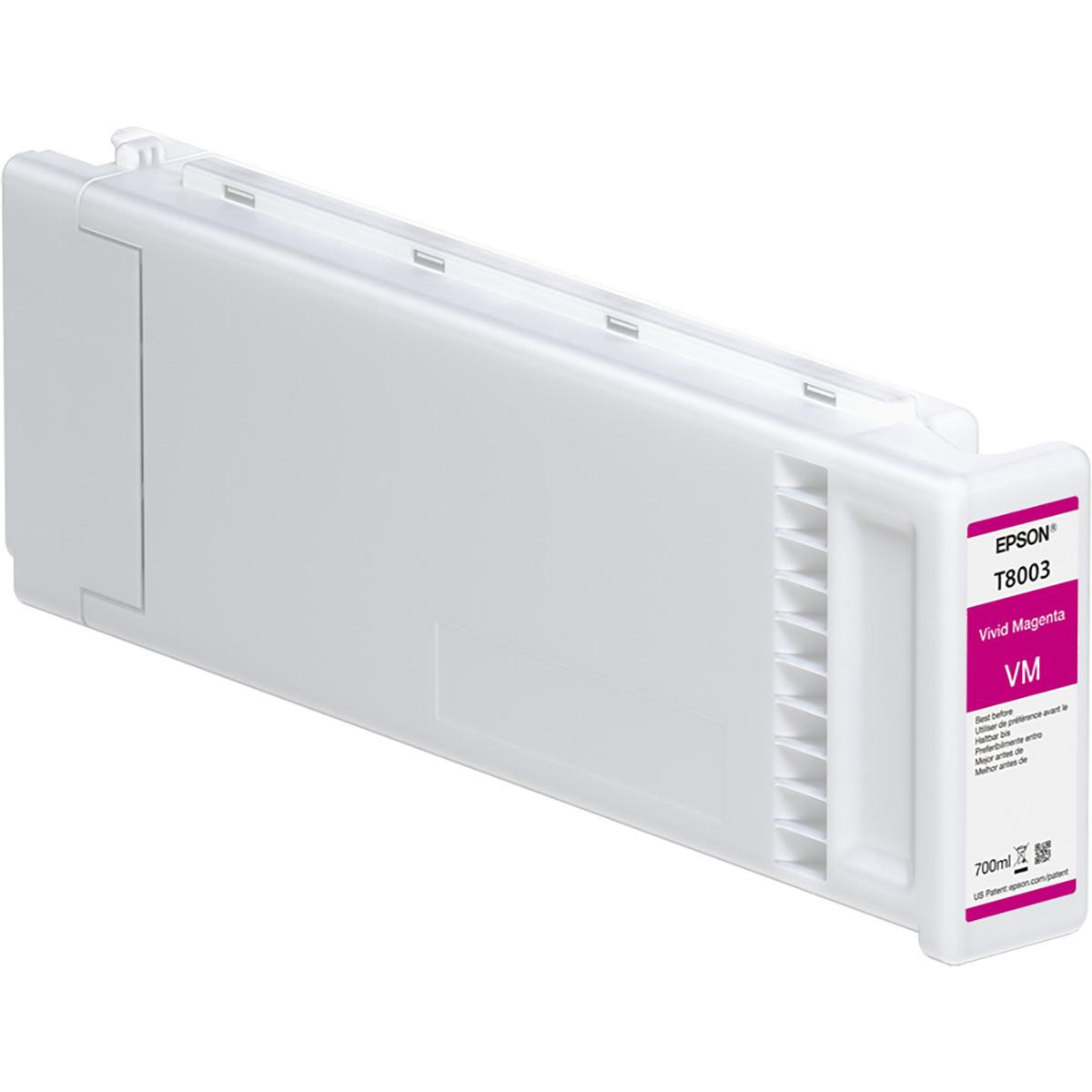 Cartucho de tinta Epson T8003 Vivid Magenta blanco con etiqueta VM, capacidad 700ml.