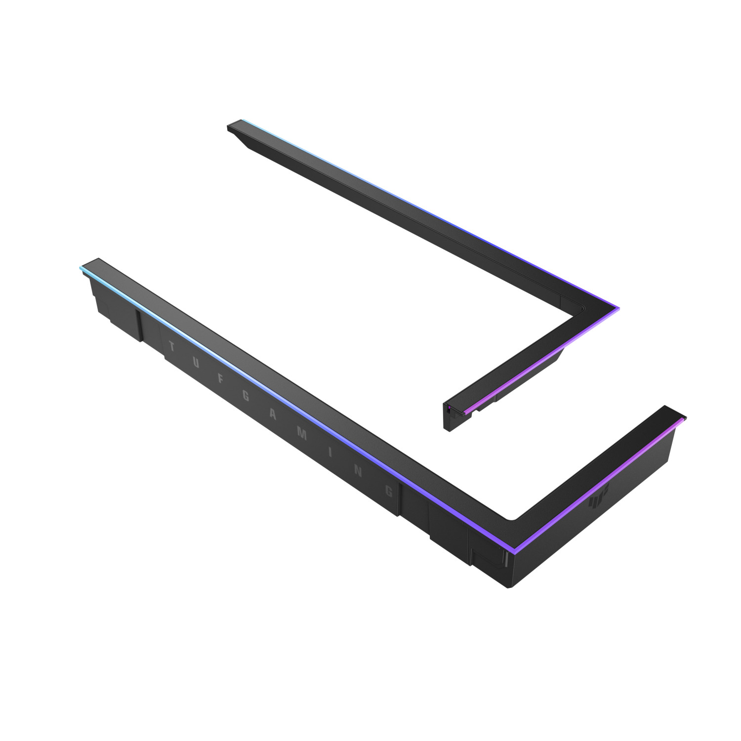 Soportes negros para portátil con iluminación RGB y logo "TUF GAMING".
