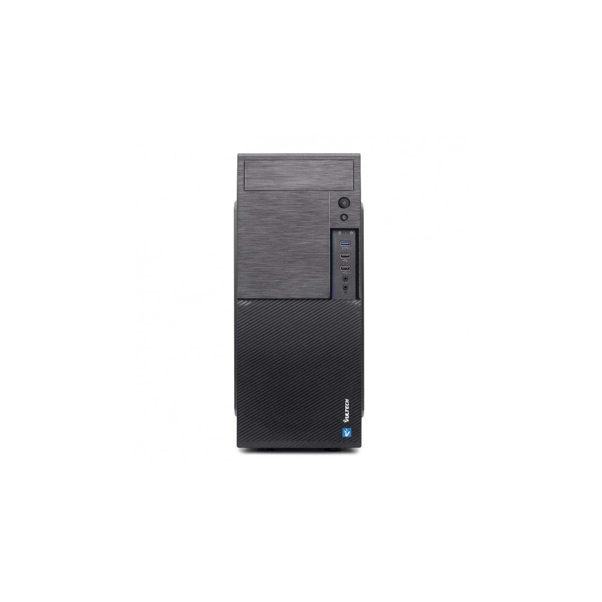 Un'elegante tower del computer nera con sezione superiore argentata e porte USB.