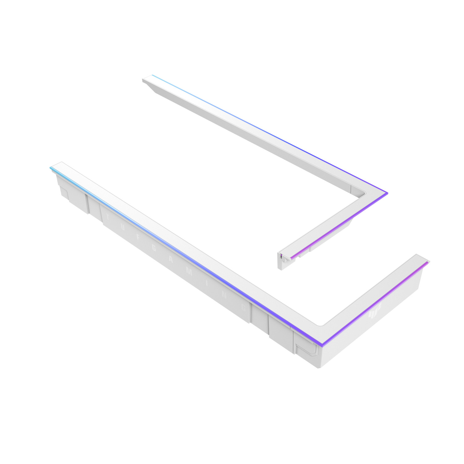 Dos tiras de luz blancas en forma de L con LEDs morados y azules sobre fondo blanco.