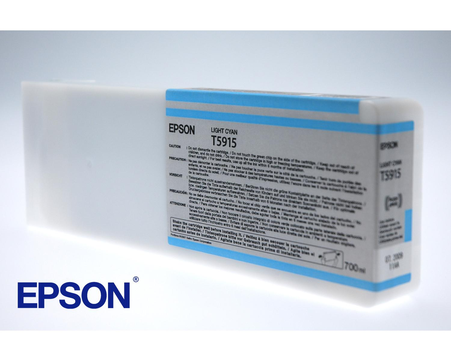 Cartuccia d'inchiostro Epson T5915 ciano chiaro con avvisi e istruzioni.