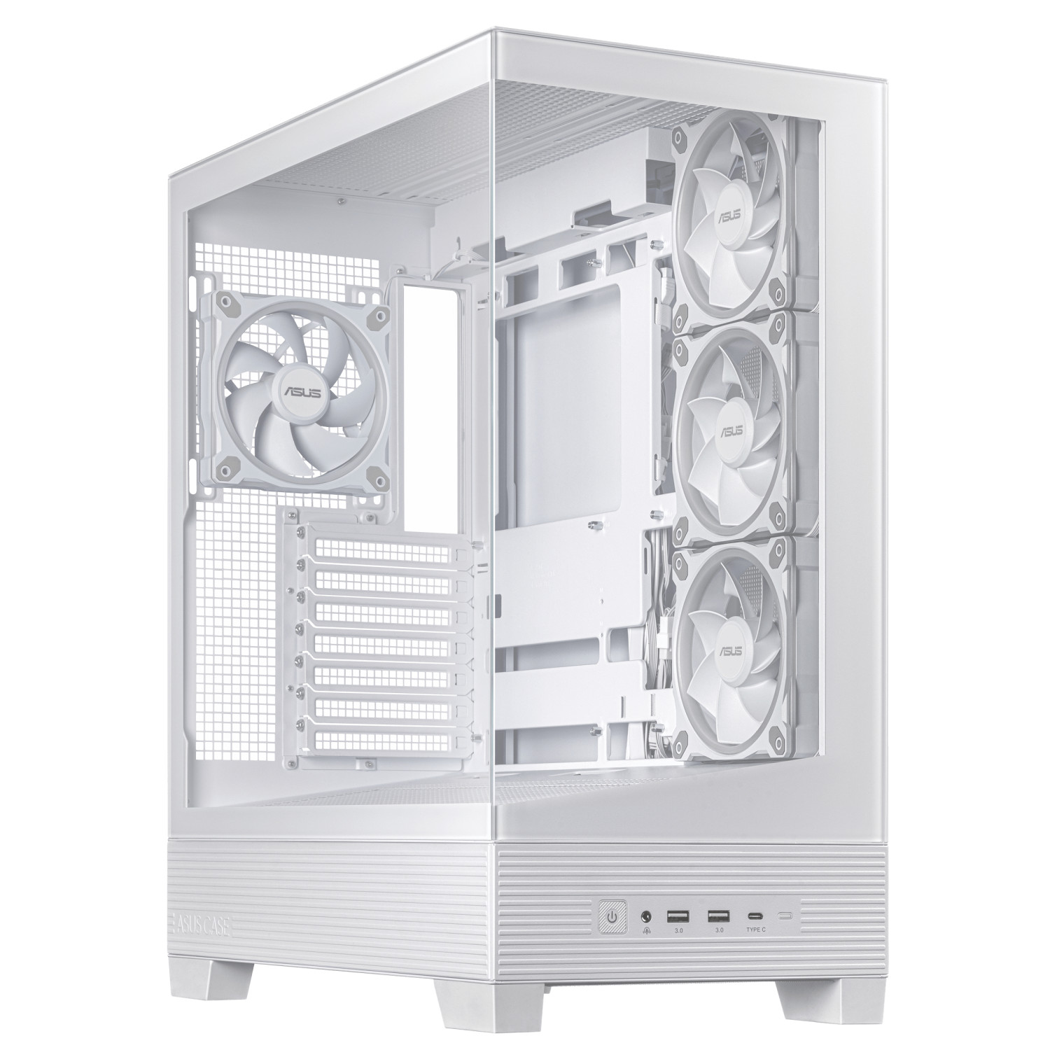 Ein weißes Computergehäuse mit mehreren Lüftern und Anschlüssen.
