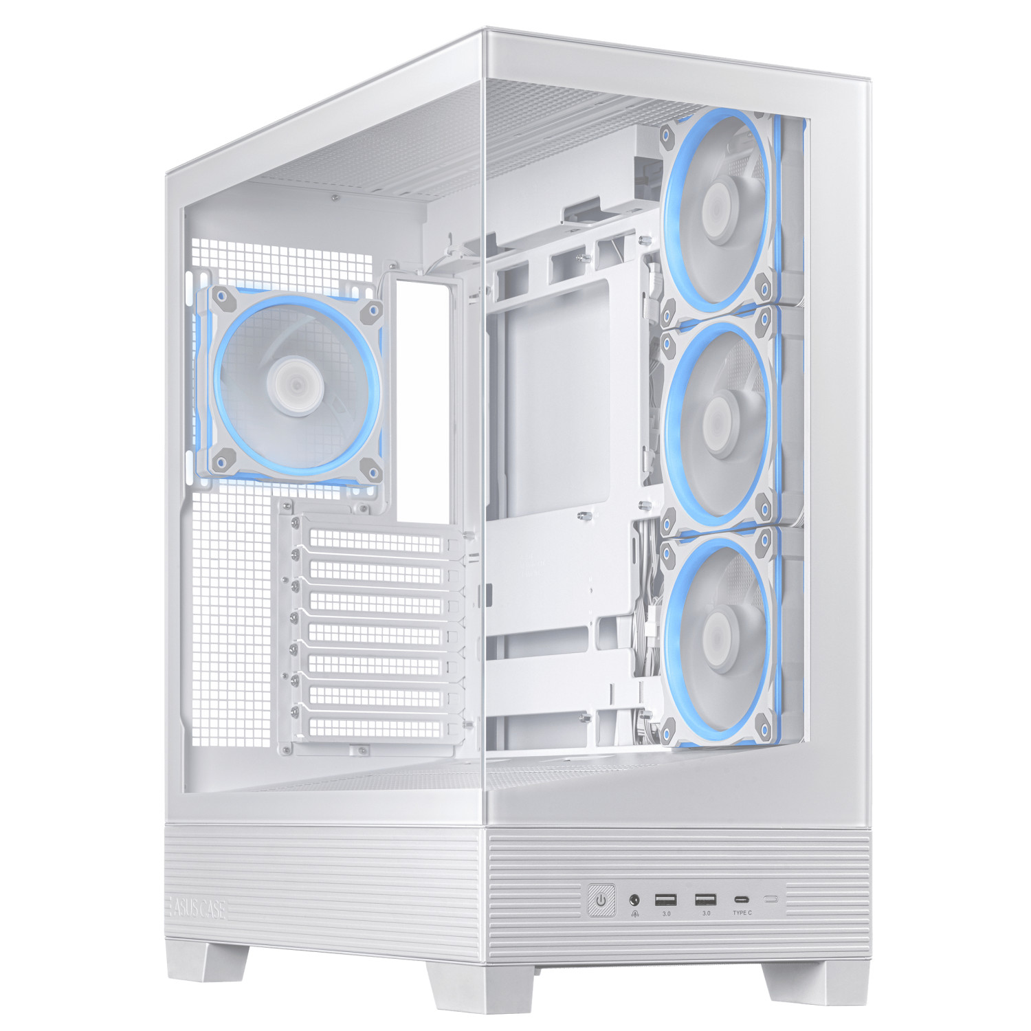 Ein weißes Computergehäuse mit blauen Lüftern und Glasfenstern.