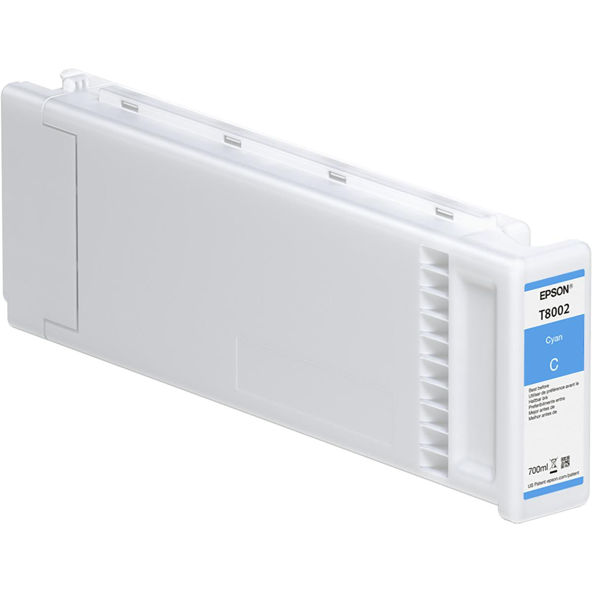 Een witte Epson T8002 cyaan inktcartridge fles met 700 ml inhoud.
