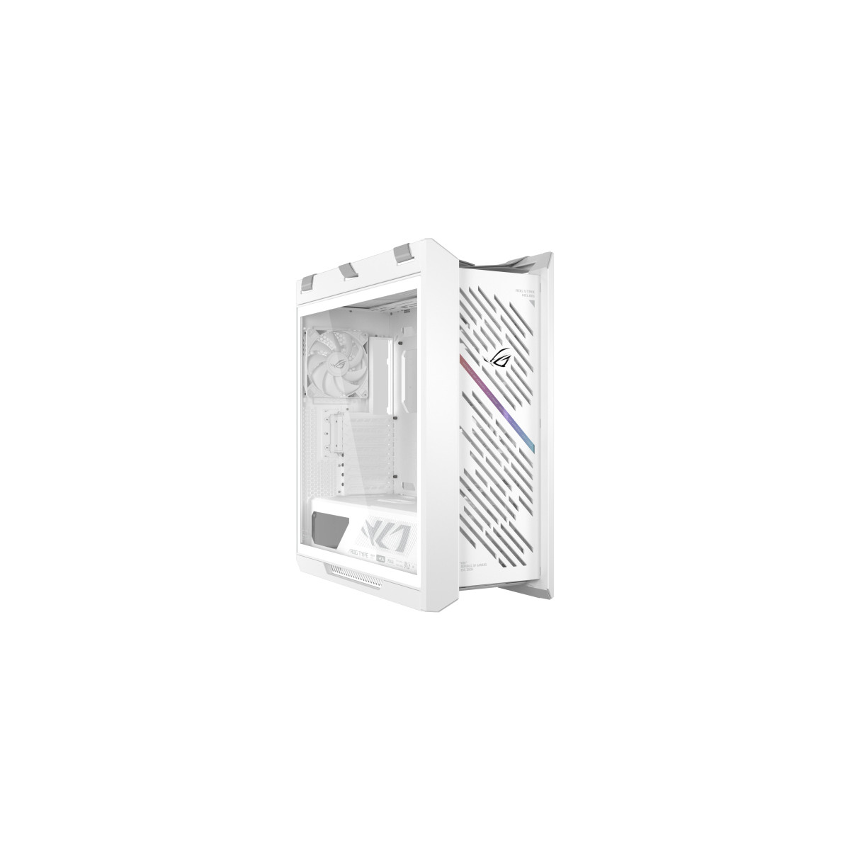 Een witte pc-kast met een transparant venster en zichtbare ventilatoren.