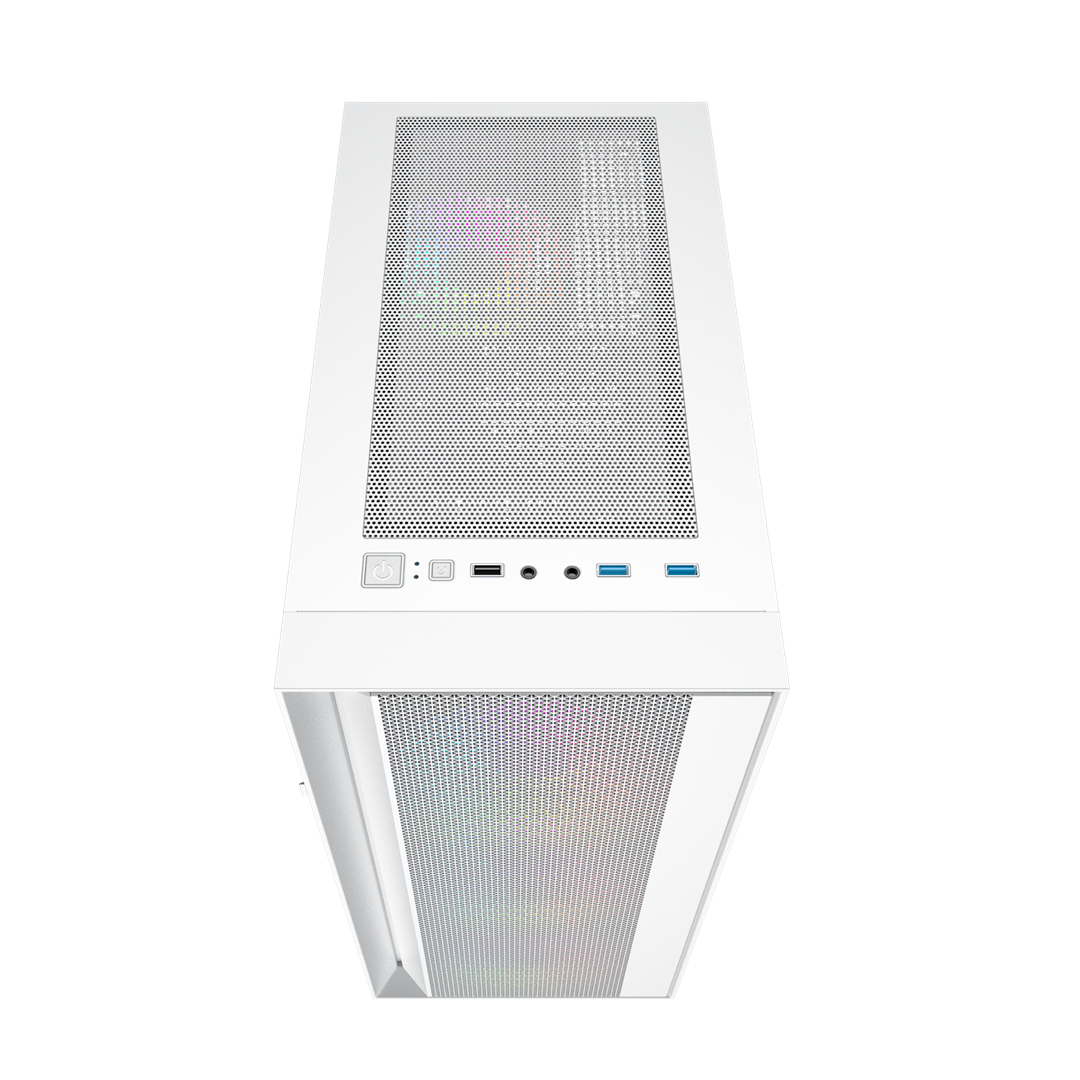 Ein weißes PC-Gehäuse mit RGB-Beleuchtung und Anschlüssen oben.