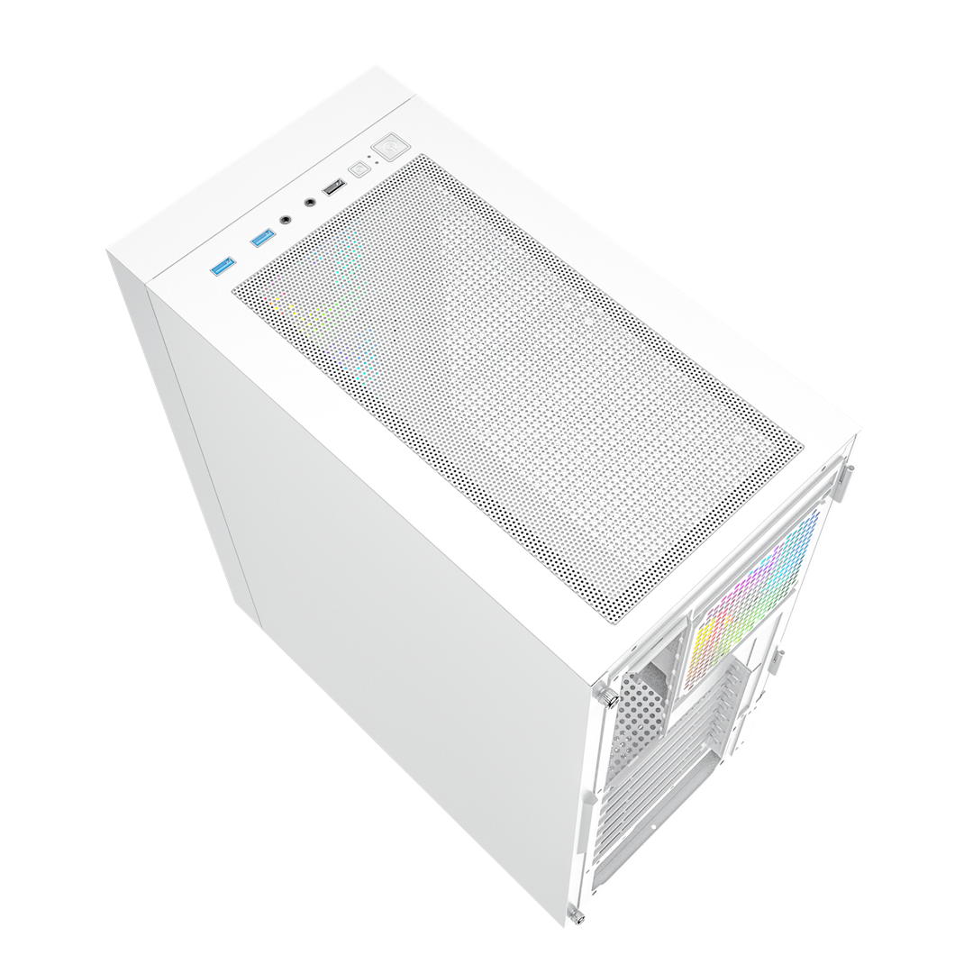Weies Computergehuse mit RGB-Beleuchtung oben und hinten. USB-Anschlsse sichtbar.