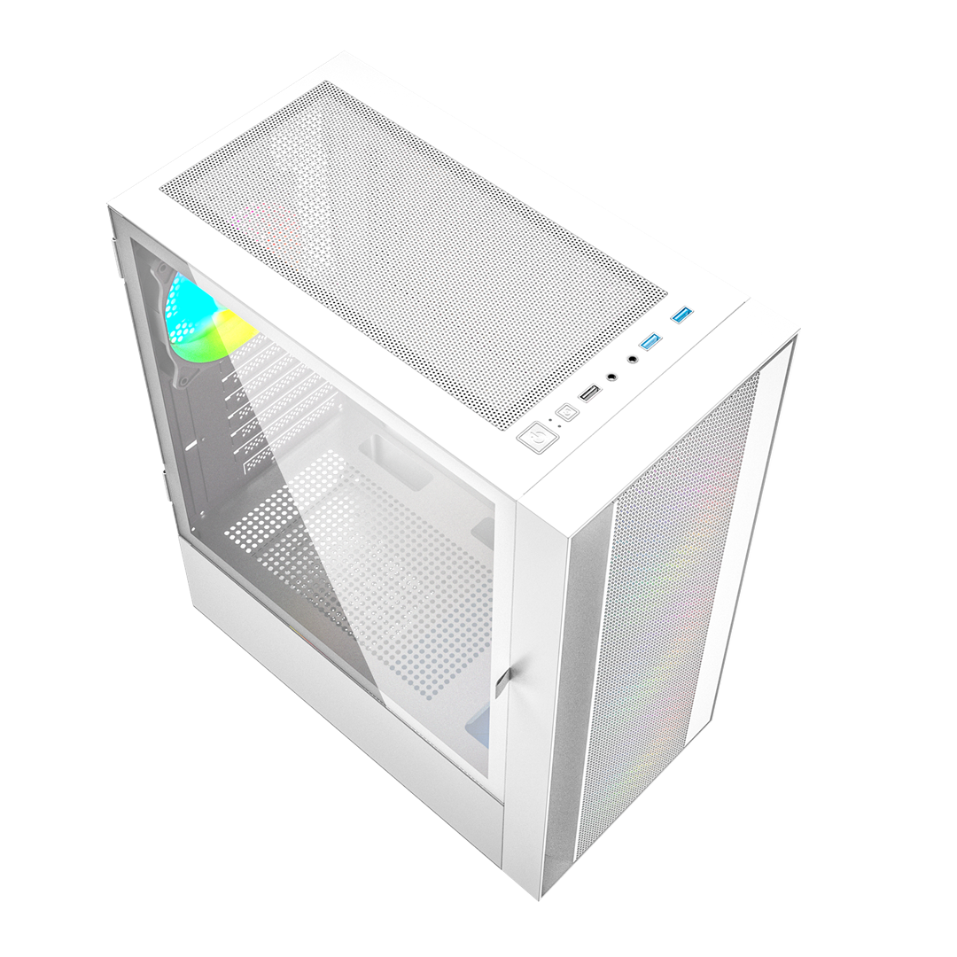 Ein weißes Computergehäuse mit Glasfront und RGB-Lüfter. Es hat USB-Anschlüsse.