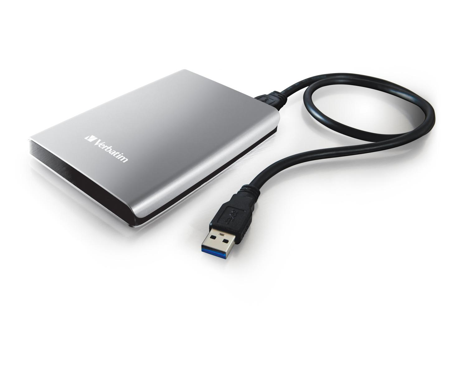 A silver external hard drive enclosure with a black USB cable.