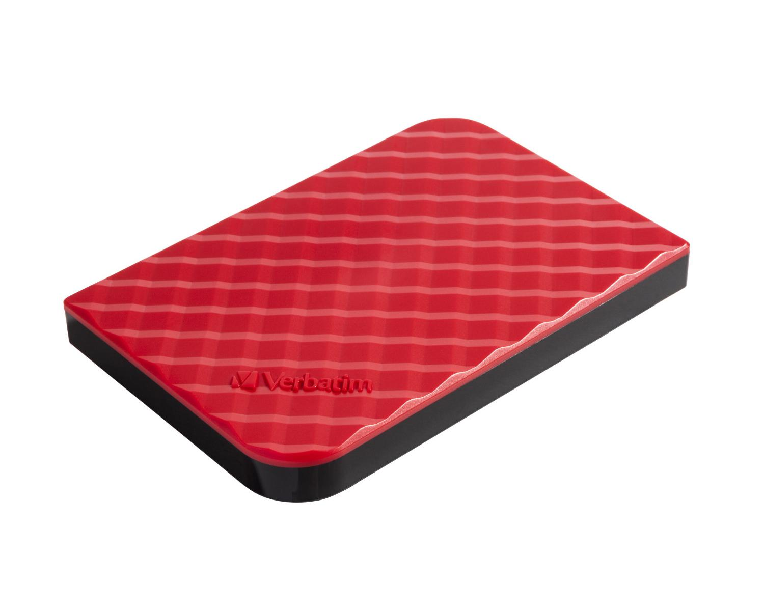 Un disque dur externe rouge à surface à motifs, sur fond blanc.