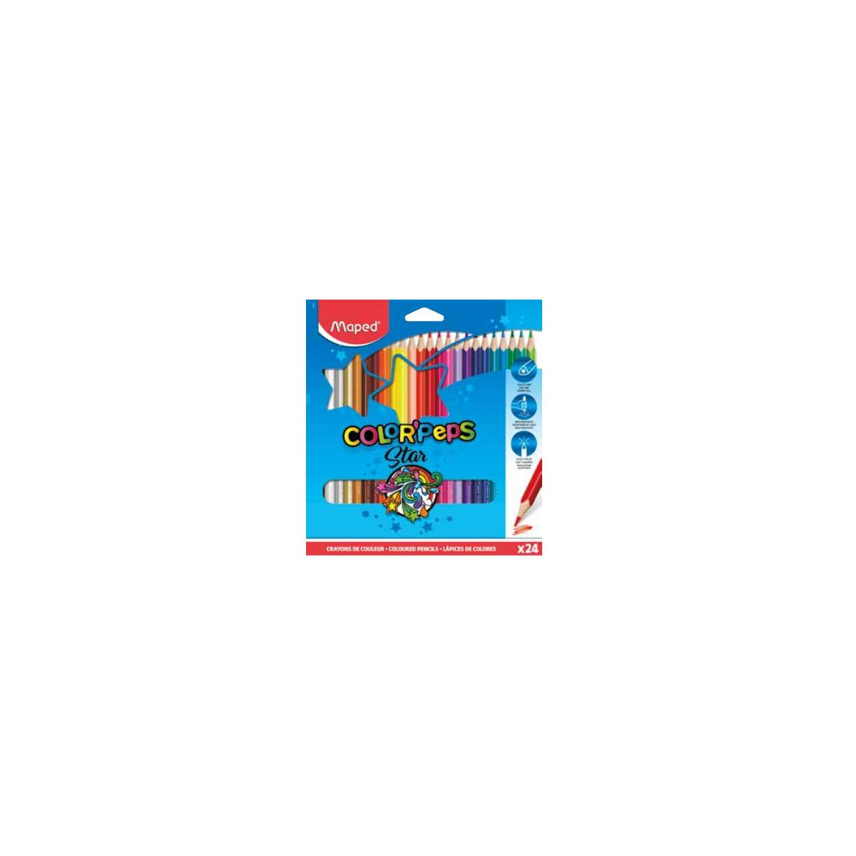 Packung mit 24 Maped ColorPeps Buntstiften, mit Sternen und fantasievollen Designs.