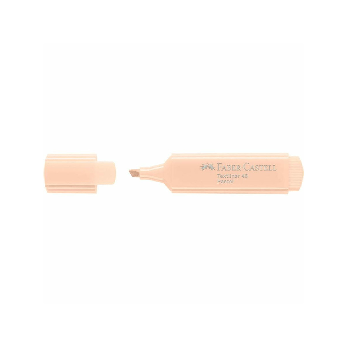 Un evidenziatore Faber-Castell Textliner 46 Pastel rosa chiaro con il cappuccio rimosso.