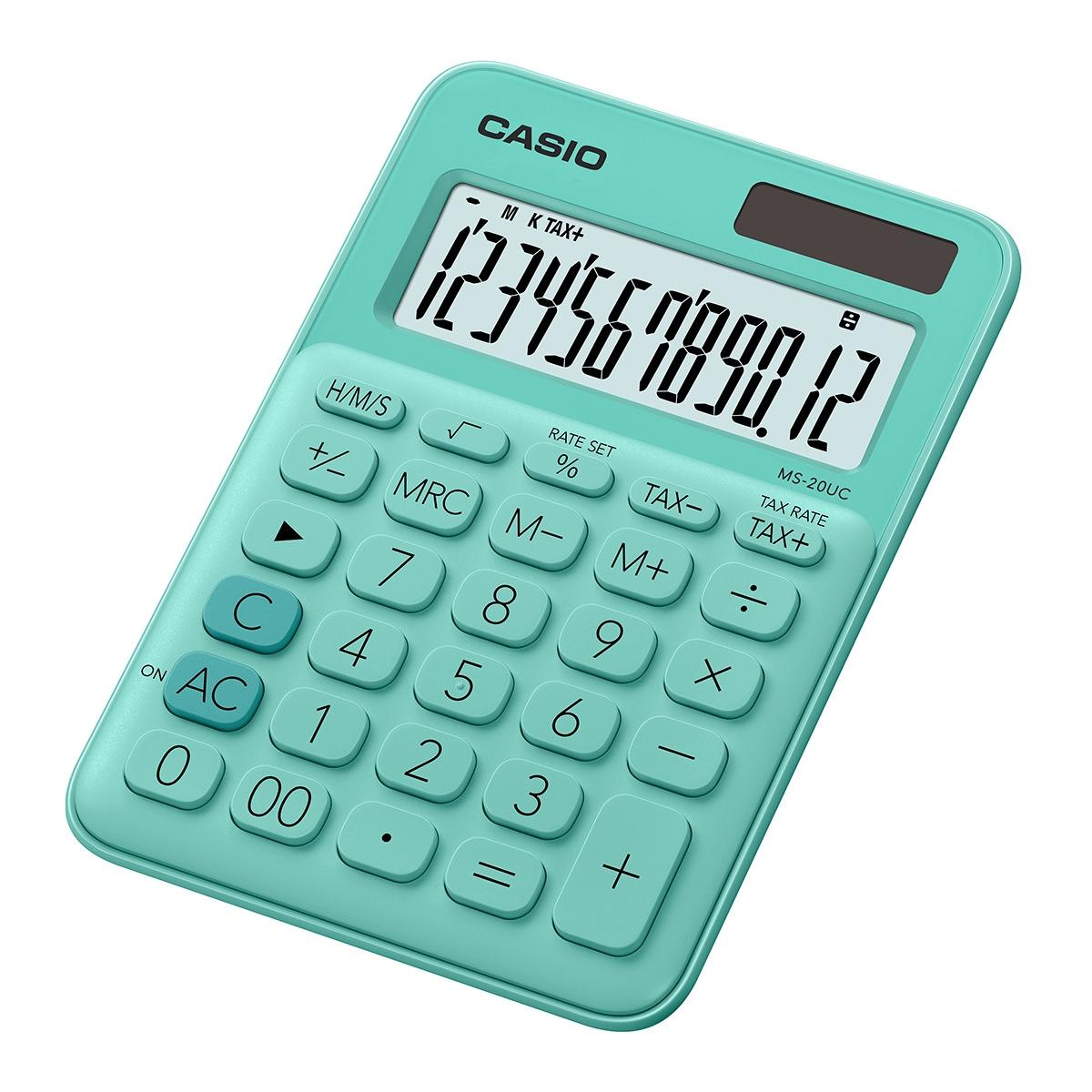 Una calcolatrice Casio MS-20UC color verde acqua con un ampio display che mostra 1234567890.12.