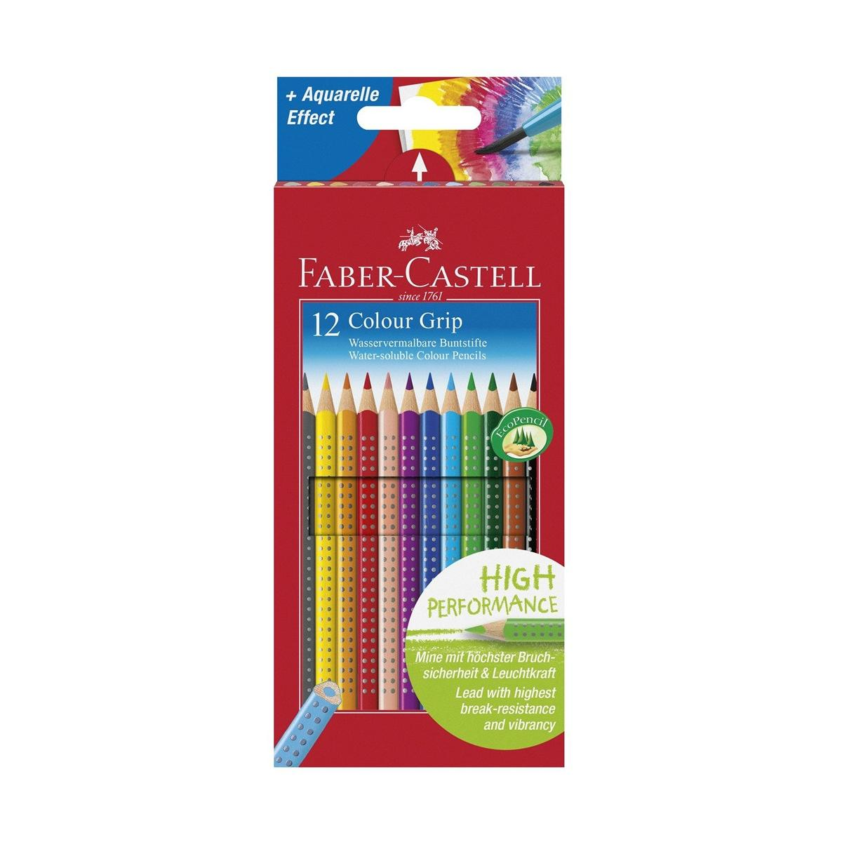 Verpackung von Faber-Castell 12 wasservermalbaren Buntstiften mit hoher Leistung.