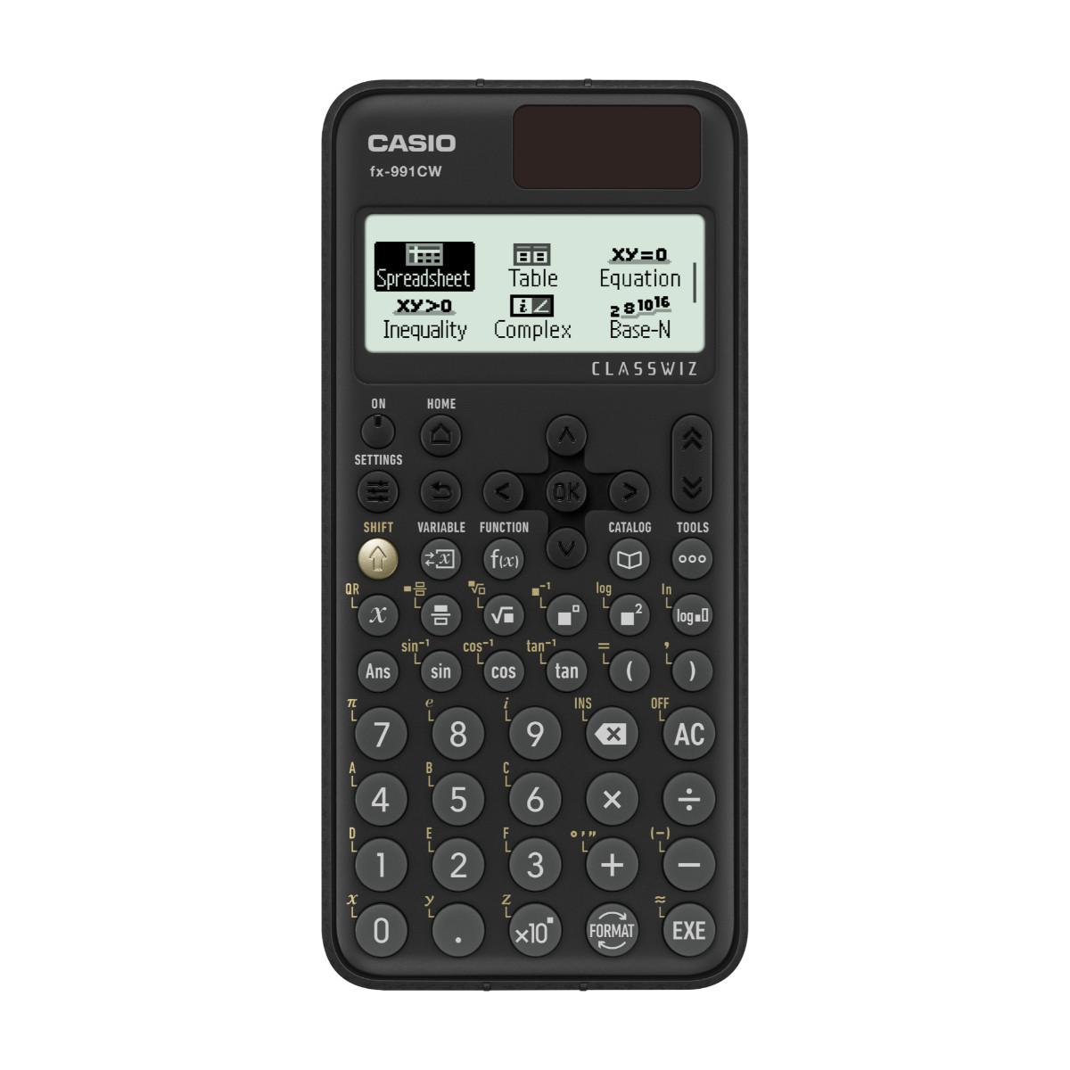 Ein schwarzer Casio fx-991CW Taschenrechner mit einem beleuchteten Display und vielen Tasten.