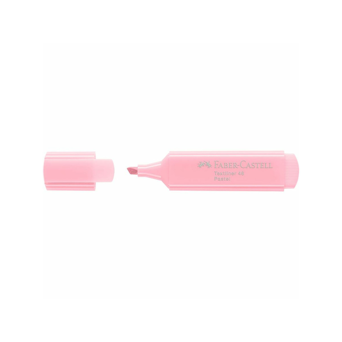 Un evidenziatore Faber-Castell rosa chiaro con il cappuccio rimosso, isolato su bianco.