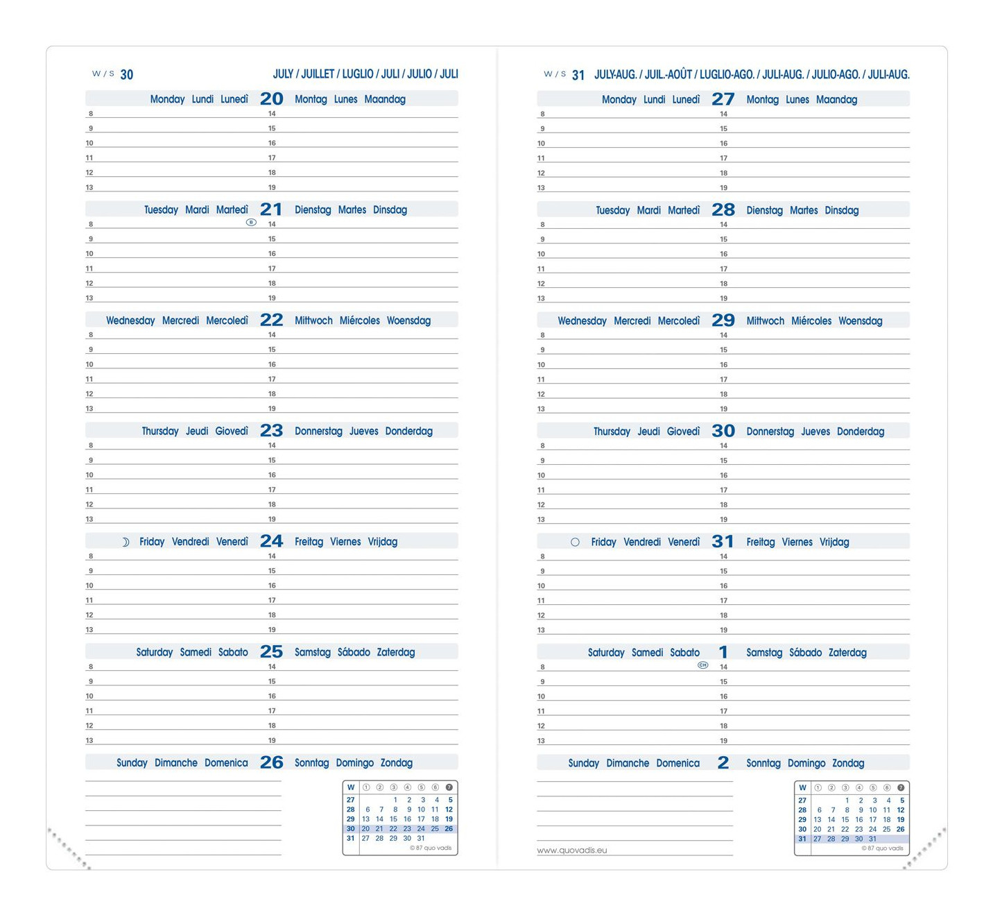 Páginas de calendario de julio, agosto. Días de la semana y fechas multilingües.