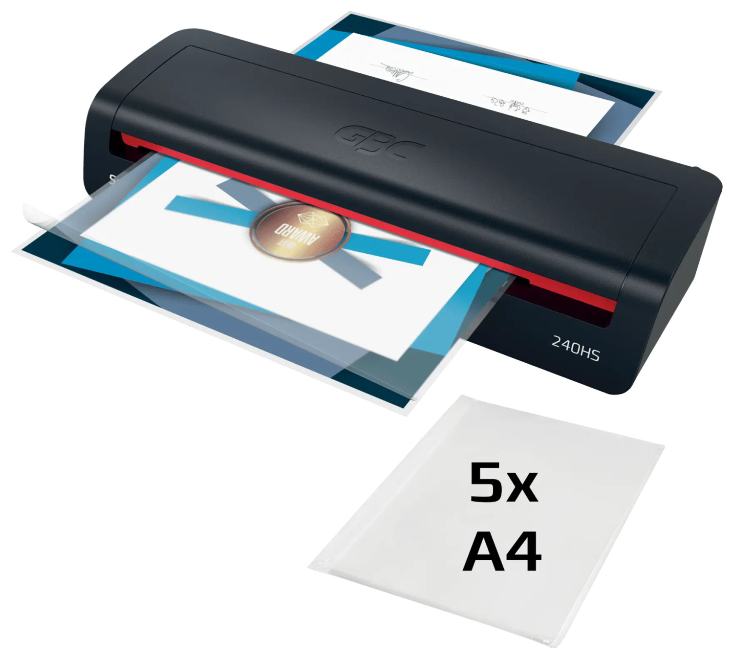 Ein schwarzer GBC 240HS Laminator mit roten Akzenten, der ein Dokument mit einer goldenen Auszeichnung laminiert.