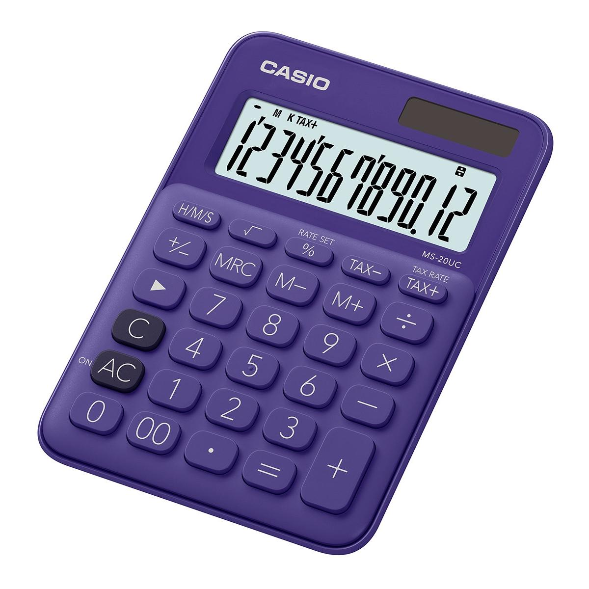 Lila Casio Taschenrechner mit großen Tasten und hellem Display.