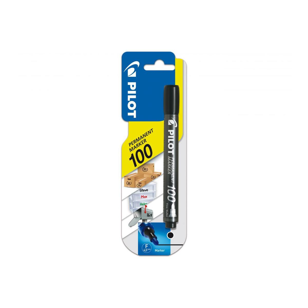 Pilot Permanent Marker, schwarz, mit Verpackung mit der Zahl 100 und Details.
