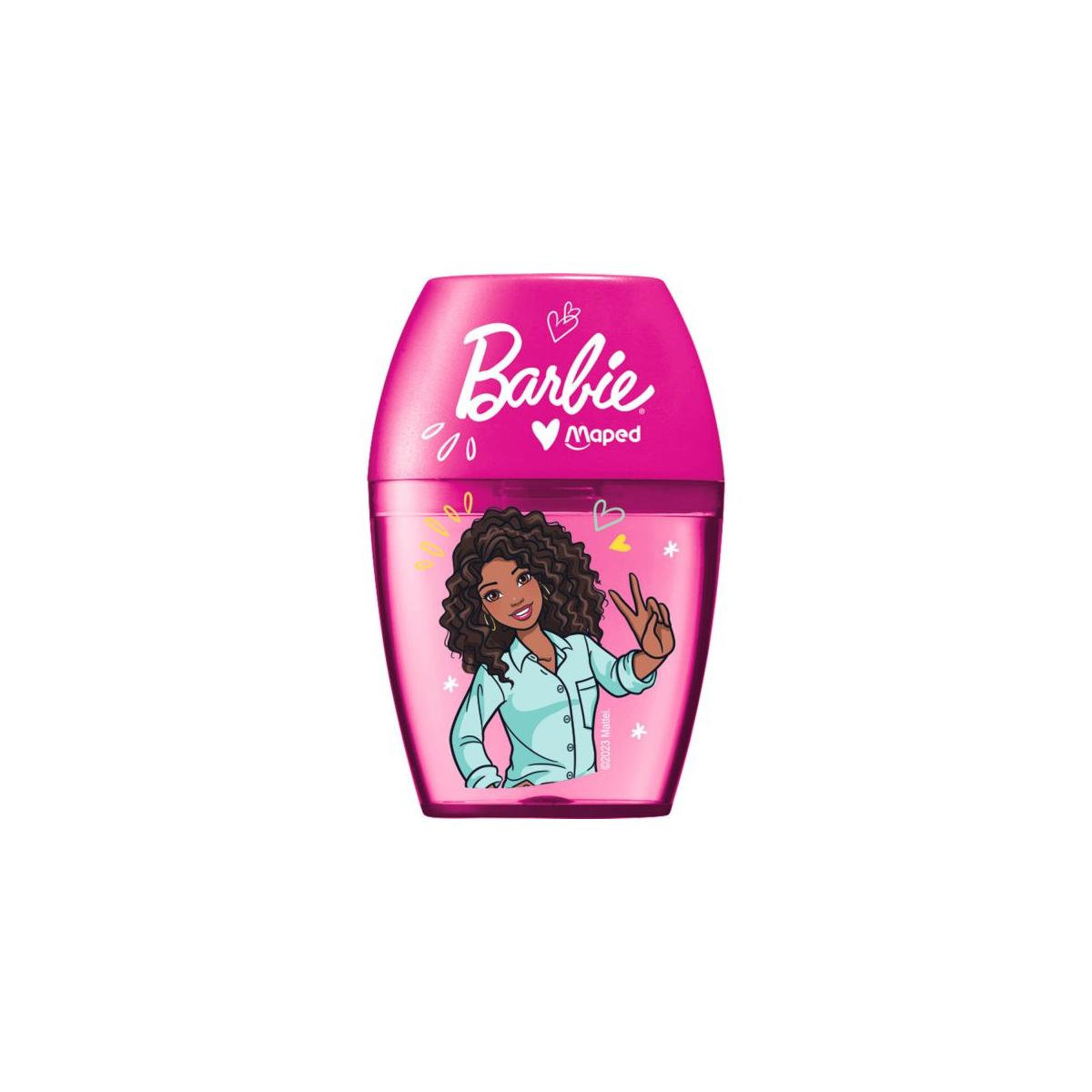 Temperino rosa Barbie con disegno di Barbie che fa il segno della pace.