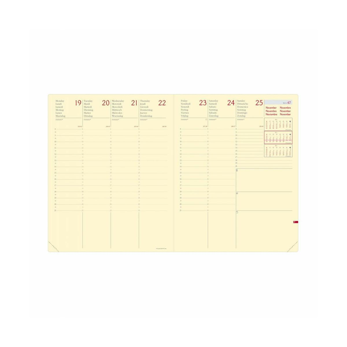 Una página de calendario que muestra los días 19-25, con espacios para escribir y un resumen mensual.