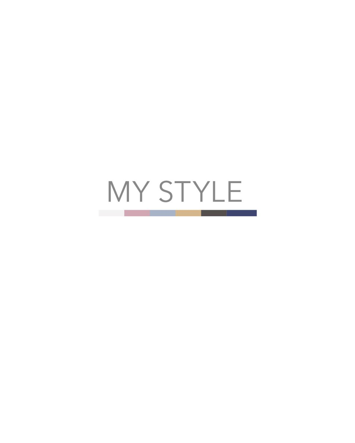 Testo "MY STYLE" sopra una palette di colori grigio, rosa, blu, oro e blu scuro.