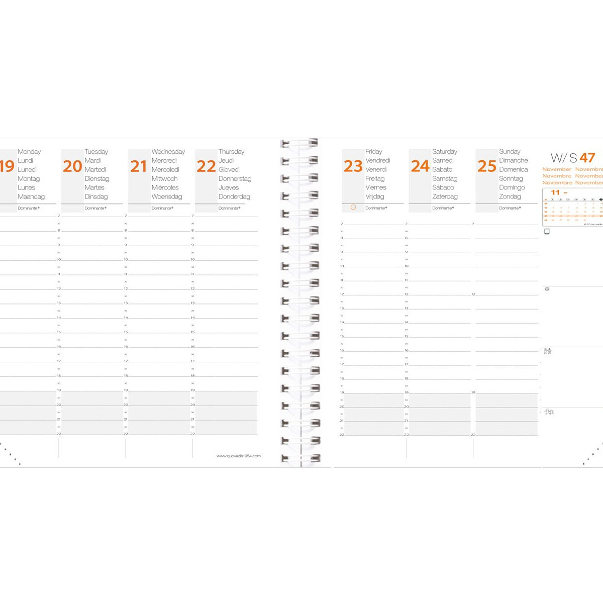 Página de calendario con días 19-25, línea de tiempo y campos de notas.