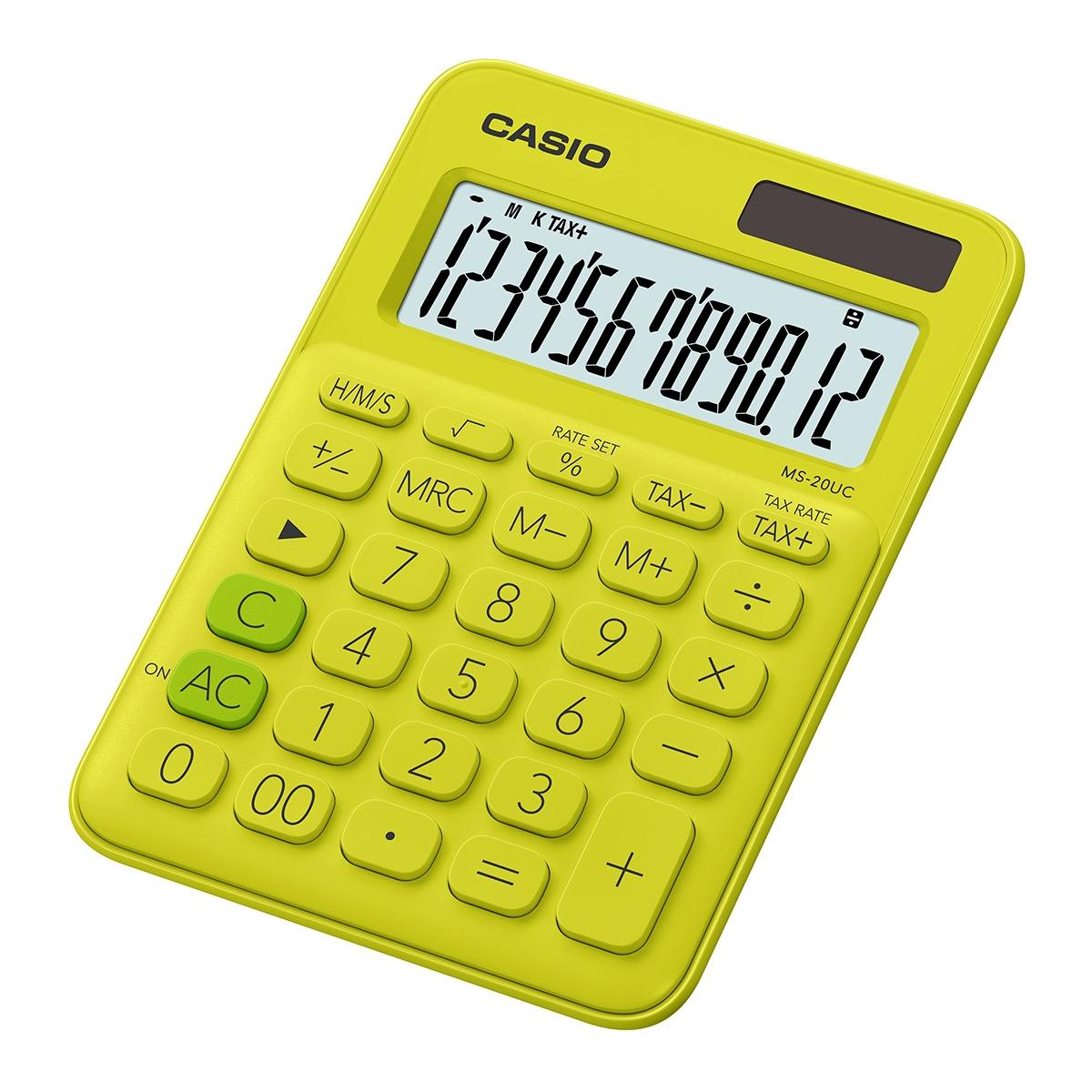 Ein hellgrüner Casio-Taschenrechner mit Display, das 1234567890.12 anzeigt.