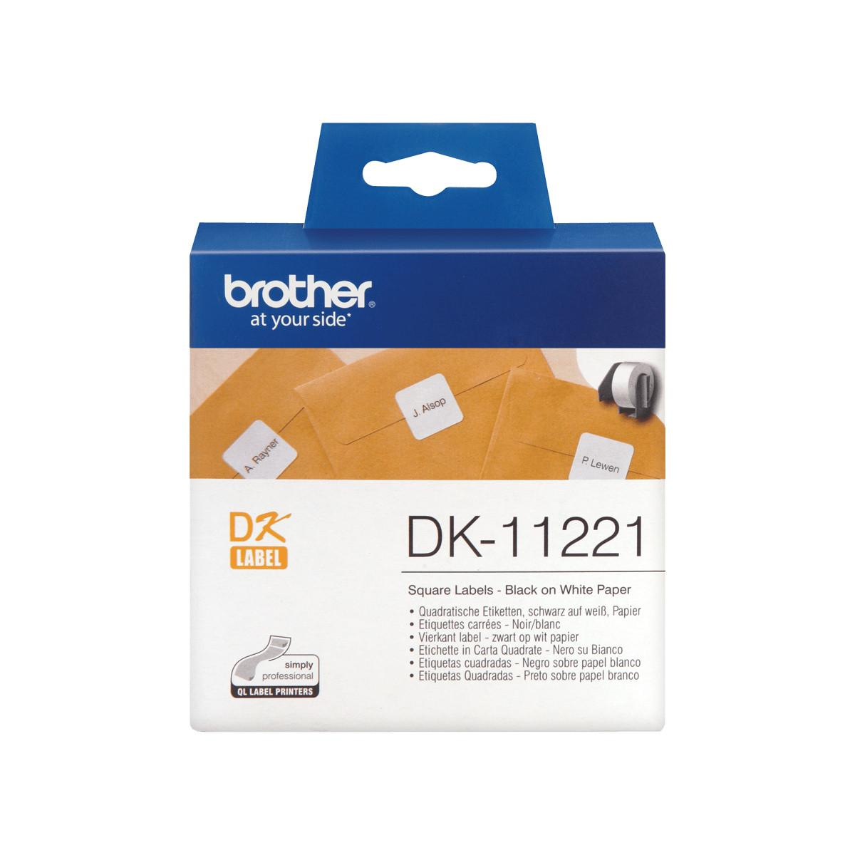 Opakowanie etykiet kwadratowych Brother DK-11221, czarne na białym.