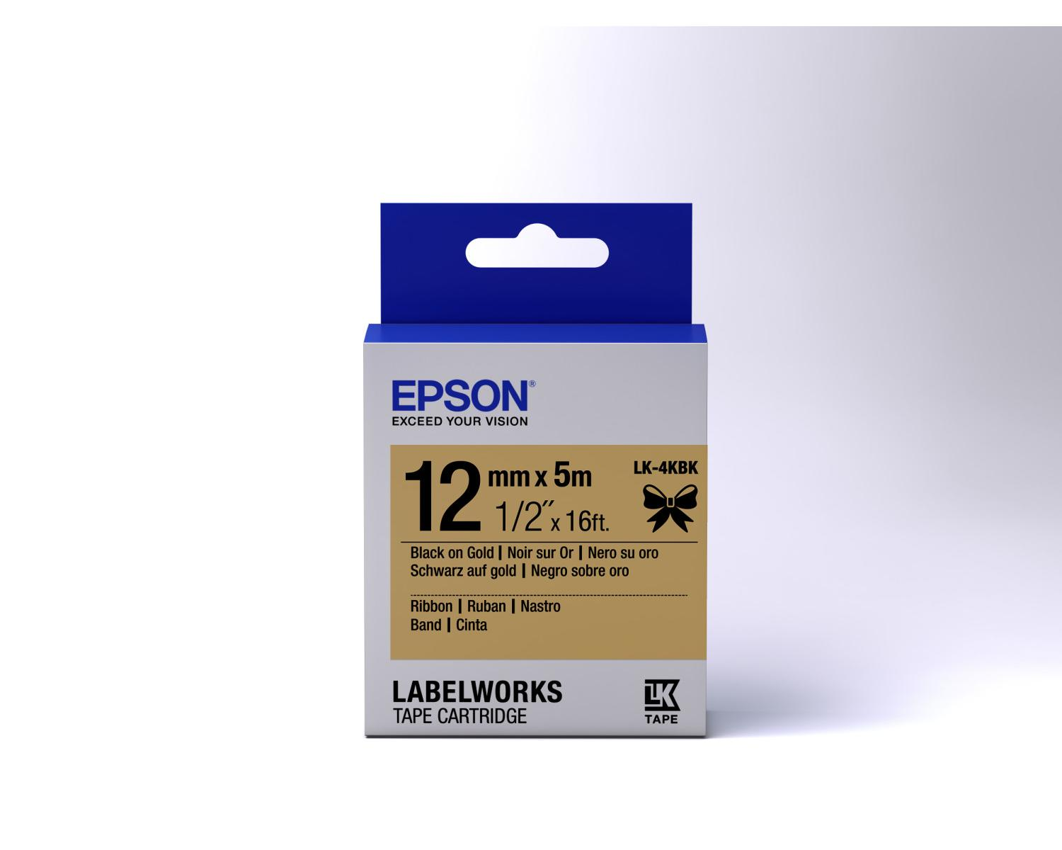 Epson 12mm x 5m schwarz auf gold Bandkassette mit Schleifen-Symbol.