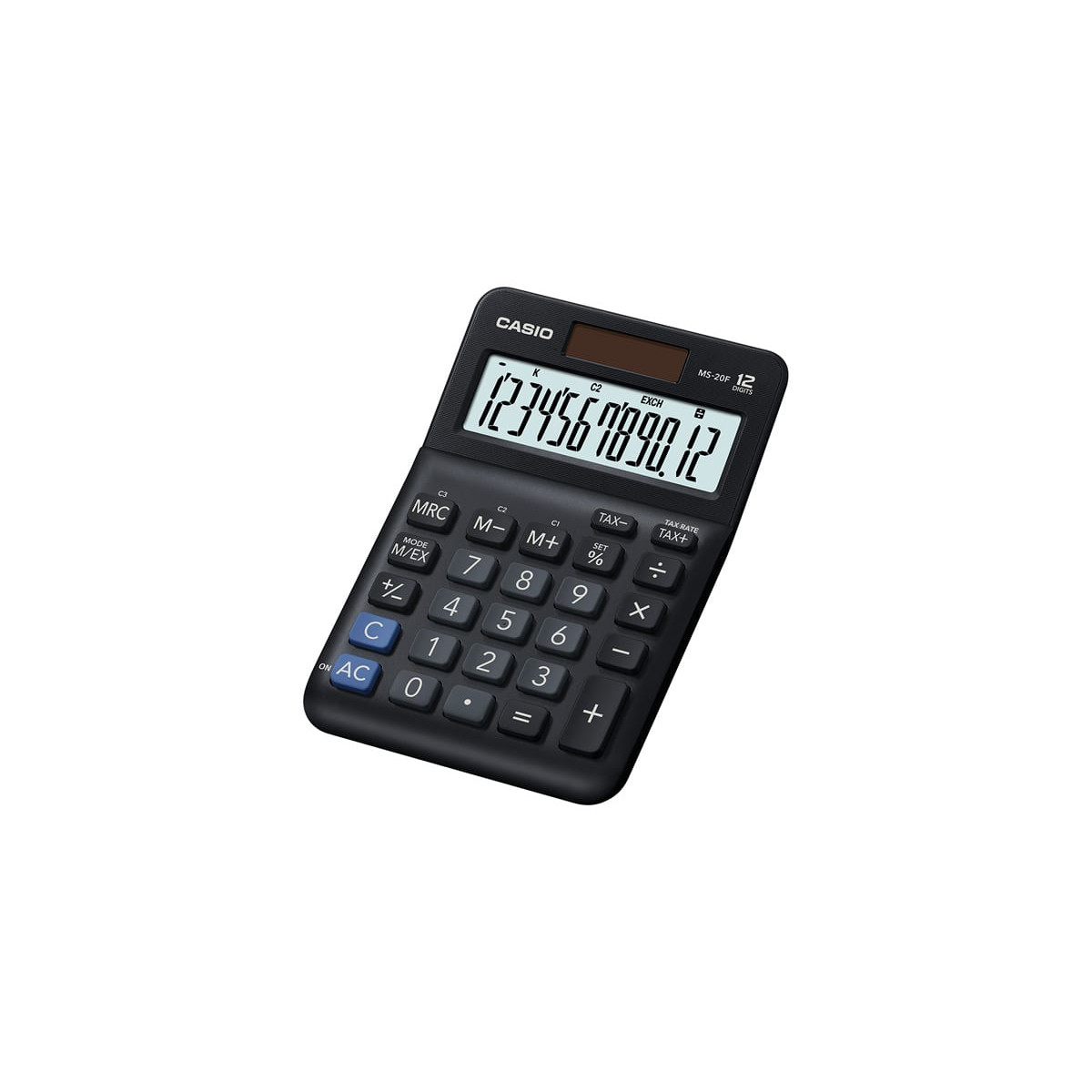 Calculatrice Casio noire avec grand écran et touches numériques.