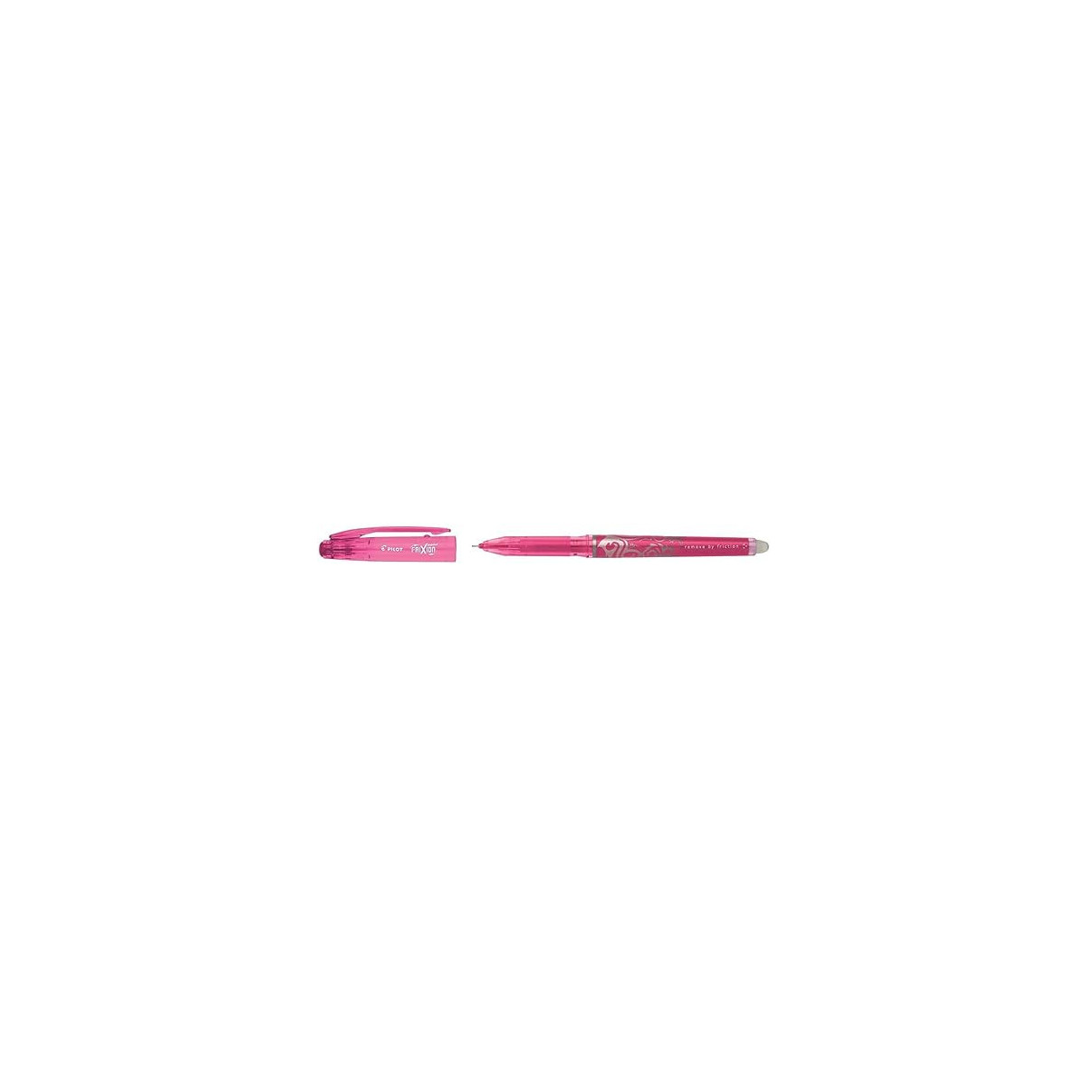 Ein pinker Pilot FriXion Stift mit Kappe und mit aufgeschraubtem Schaft.