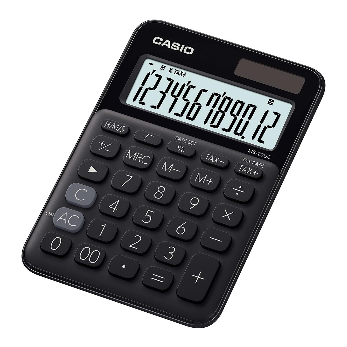 Calcolatrice da tavolo Casio nera con ampio display e pulsanti.