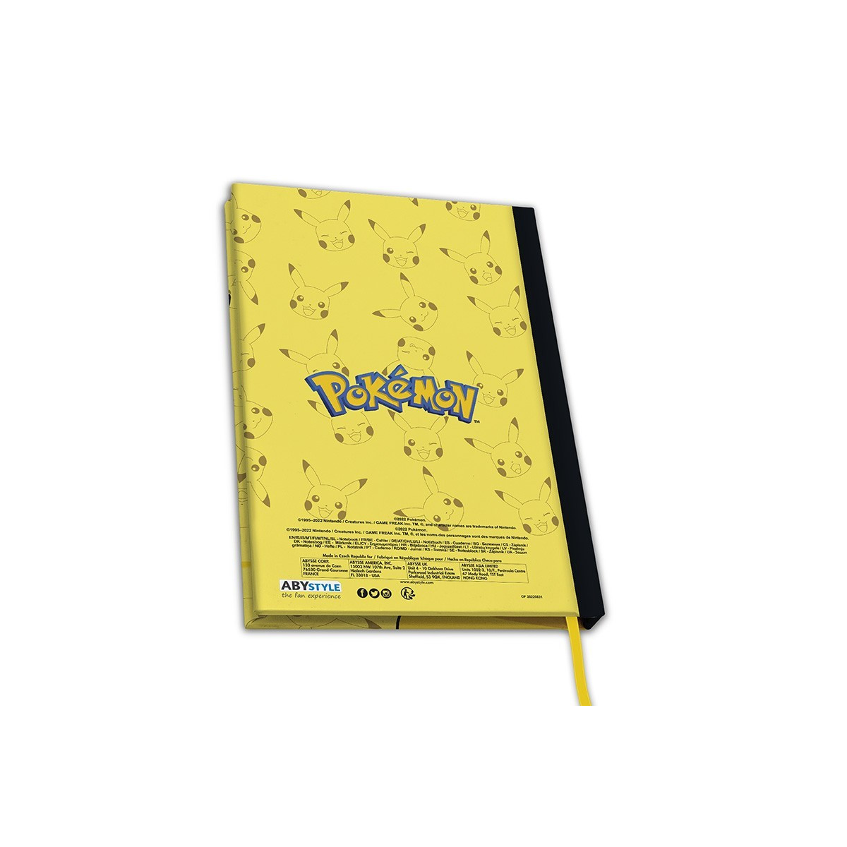 Ein gelbes Notizbuch mit Pikachu-Motiven und dem Pokémon-Logo.